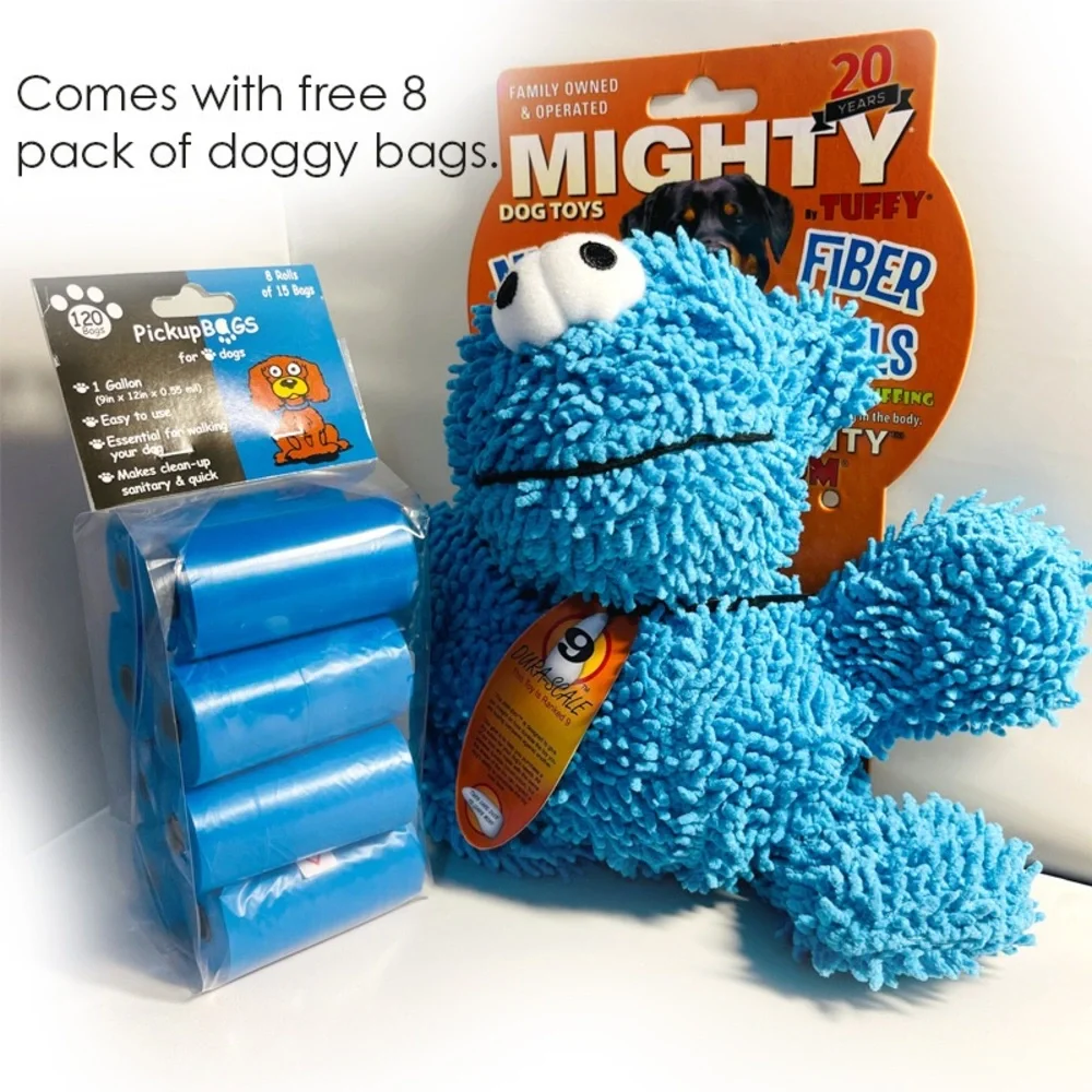 Mighty Toys Microfiber Ball Monster Durable Squeaky Dog Toy Plus Dog Scoop Bags
